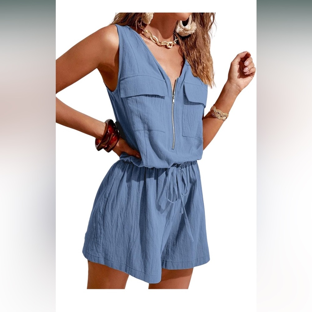 CUPSHE Zip-Up Cotton Romper Wide Leg Rompers V Neck Sleeveless Jumpsuits. NWT